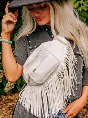 Gray Fringe Crossbody Belt Bag - Sling Women's faux leather